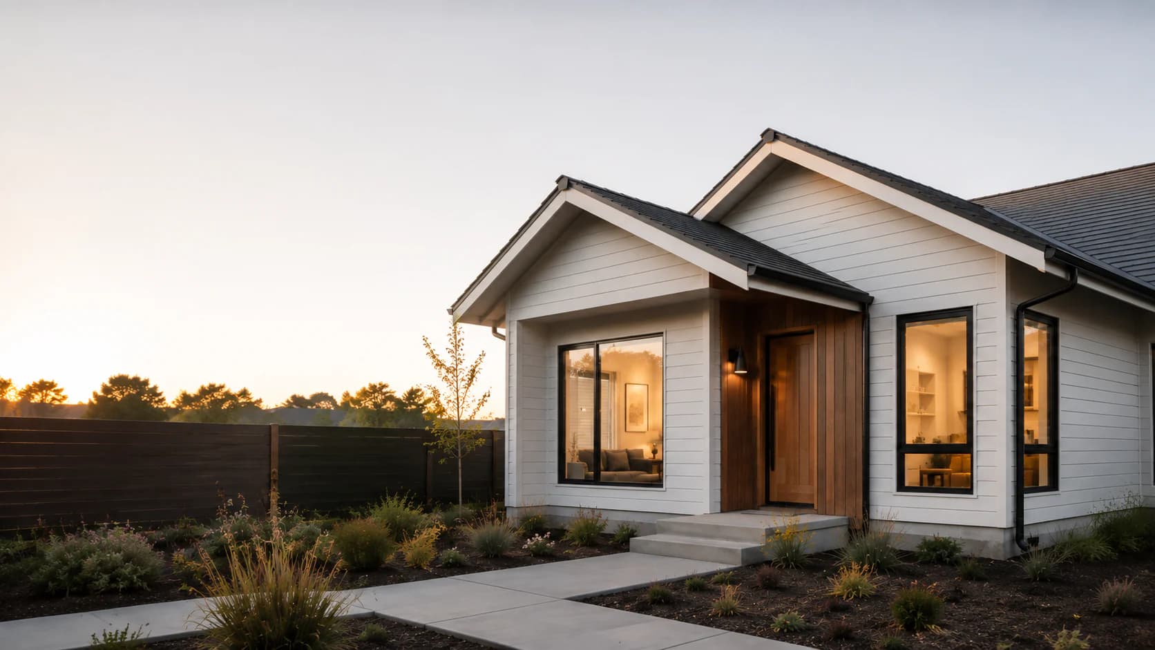 Concept visualization of a one-story offset double-gable ADU with a covered wood entry and new landscaping at sunset