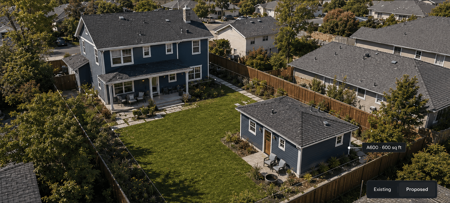 Conceptual visualization of a detached A600 ADU on a landscaped example property